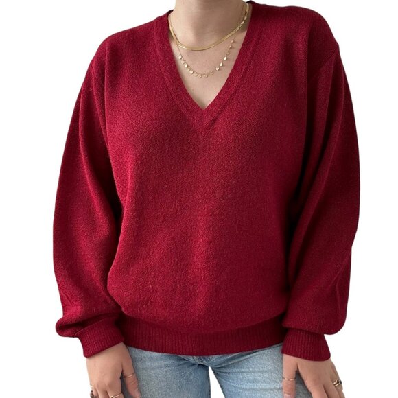 Vintage Peruvian Connection Cherry Red V Neck 100% Alpaca Oversized Sweater Sz M - Picture 1 of 8